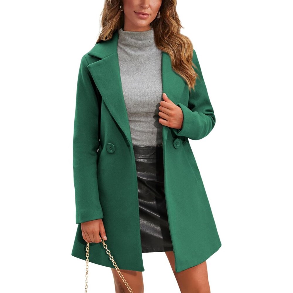 Women's Wool Pea Coat Notched Collar Double Breasted Midi Long Trench Coat Outwe
